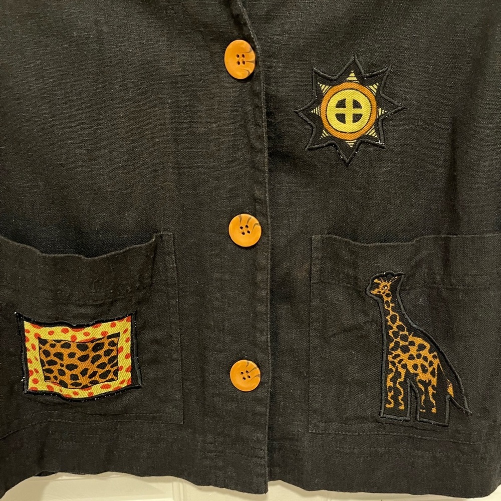 Vintage Stonebridge Linen Blend Black Novelty Artsy Vest Safari Animals Size S/P - Picture 3 of 12